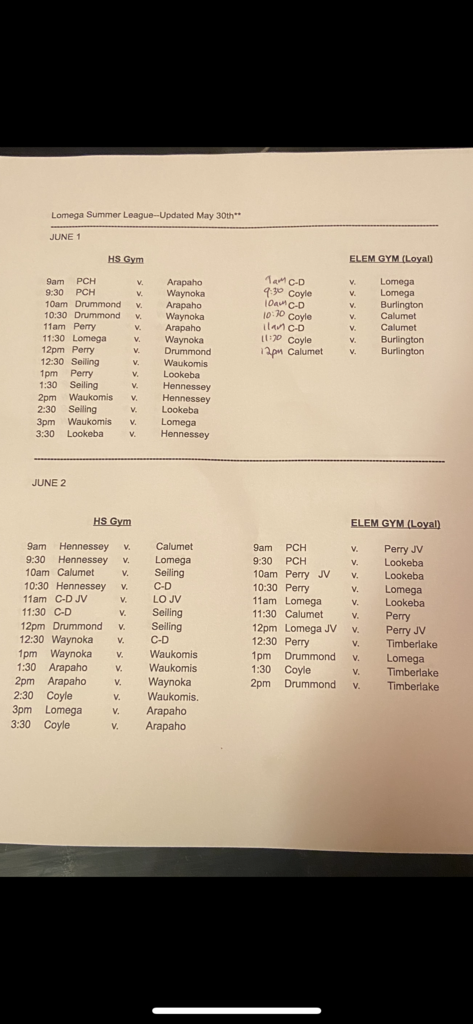 Lomega Summer League Schedule: June 1 & 2 