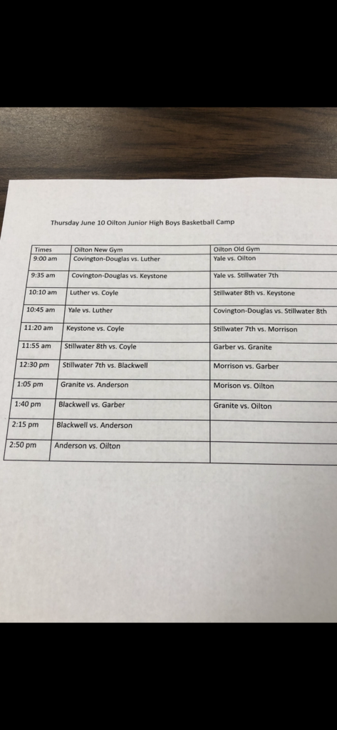 Oilton JH Basketball Camp Schedule