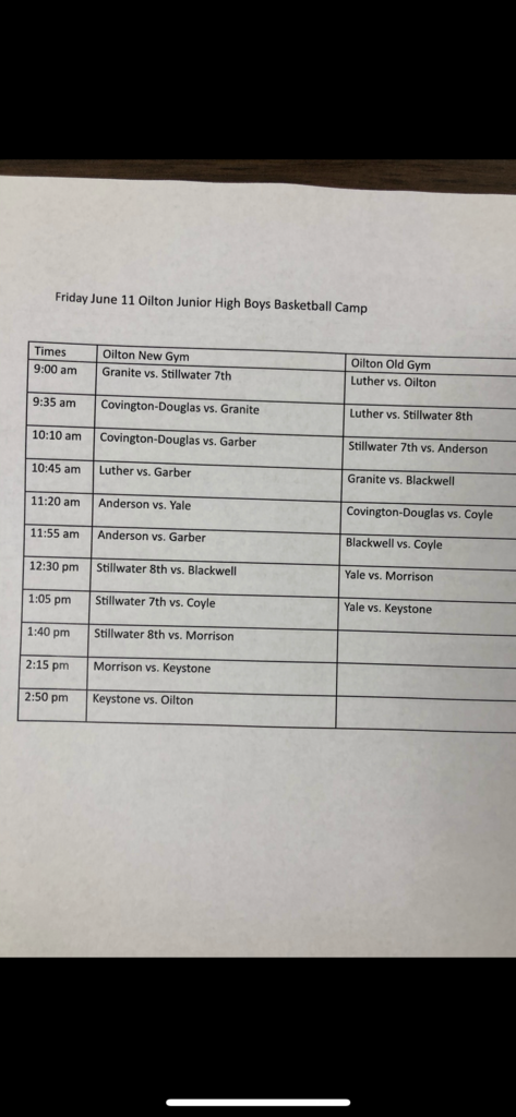 Oilton JH Basketball Camp Schedule