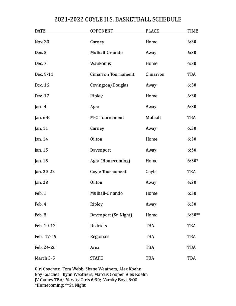 Final HS Basketball Schedule